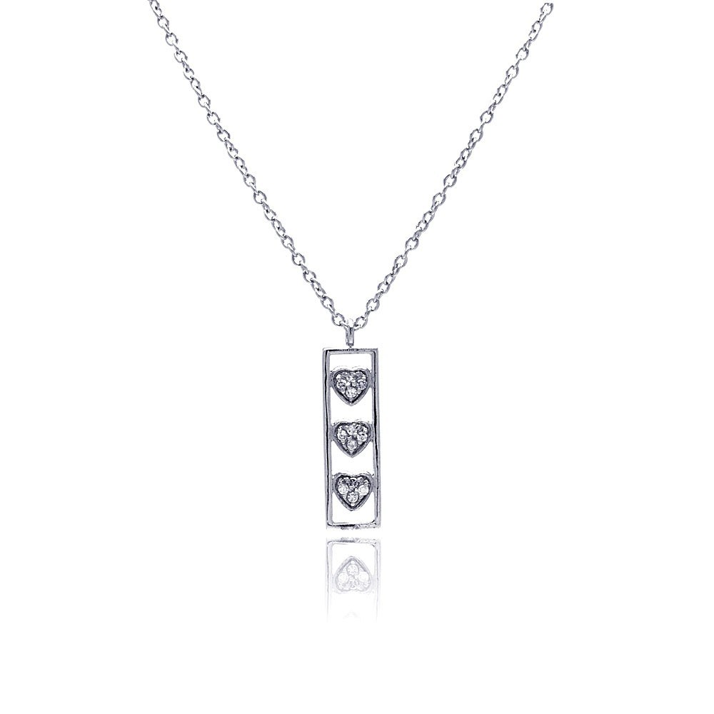 Sterling Silver Necklace with Open Rectangular Bar Inlaid with Three Paved Hearts Pendant