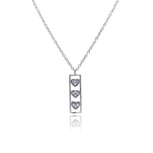 Load image into Gallery viewer, Sterling Silver Necklace with Open Rectangular Bar Inlaid with Three Paved Hearts Pendant