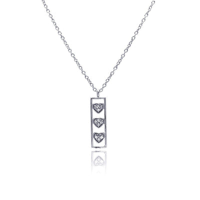 Sterling Silver Necklace with Open Rectangular Bar Inlaid with Three Paved Hearts Pendant