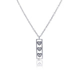 Sterling Silver Necklace with Open Rectangular Bar Inlaid with Three Paved Hearts Pendant