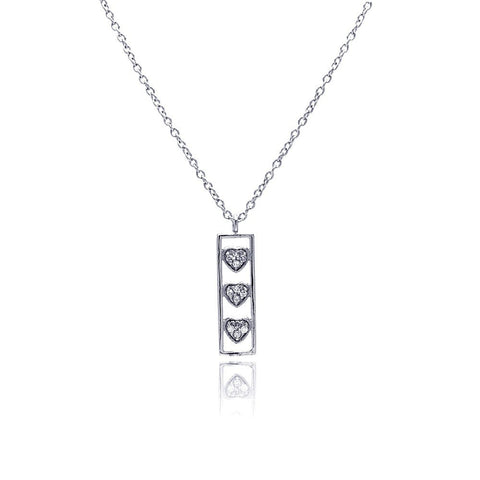 Sterling Silver Necklace with Open Rectangular Bar Inlaid with Three Paved Hearts Pendant