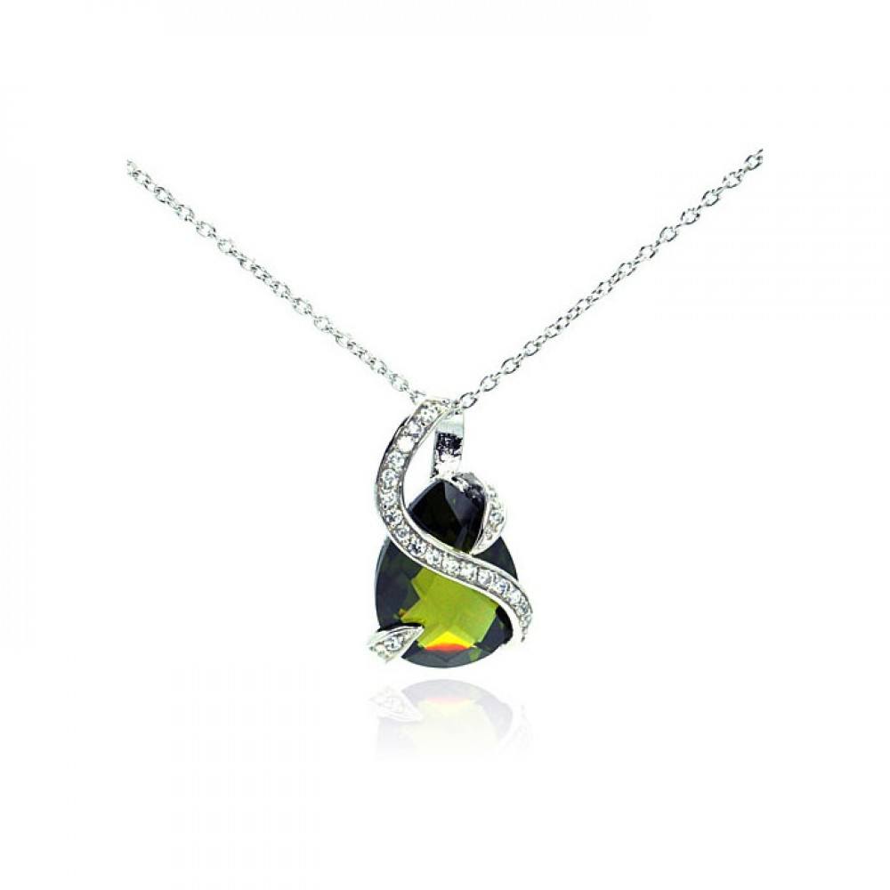 Sterling Silver Necklace with Elegant Teardrop Olivine Cz Inlaid with Clear Czs Pendant