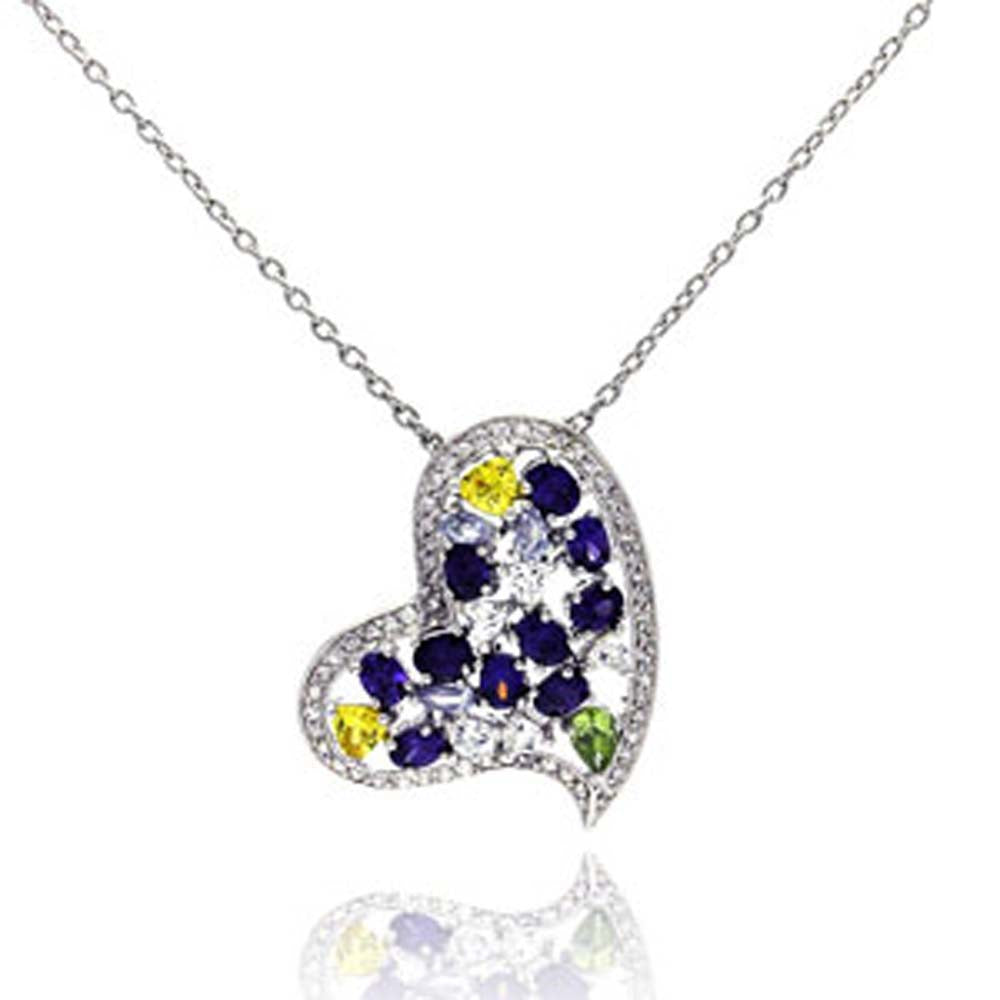 Sterling Silver Necklace with Fancy Paved Heart Inlaid with Multi-Colored Czs Pendant