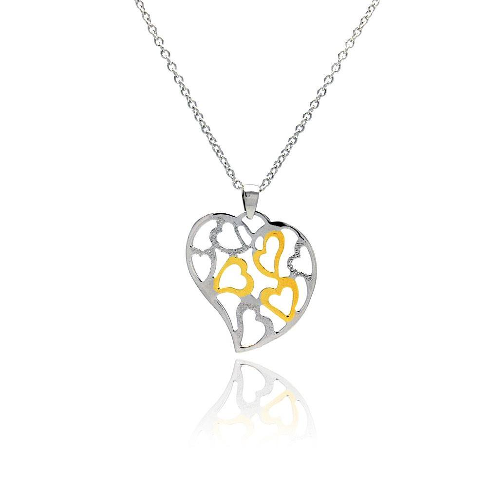 Sterling Silver Necklace with Two-Toned Cut-Out Multi Heart Design Pendant