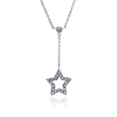 Sterling Silver Necklace with Fancy Paved Open Star Dangling Pendant