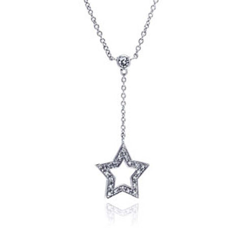 Sterling Silver Necklace with Fancy Paved Open Star Dangling Pendant