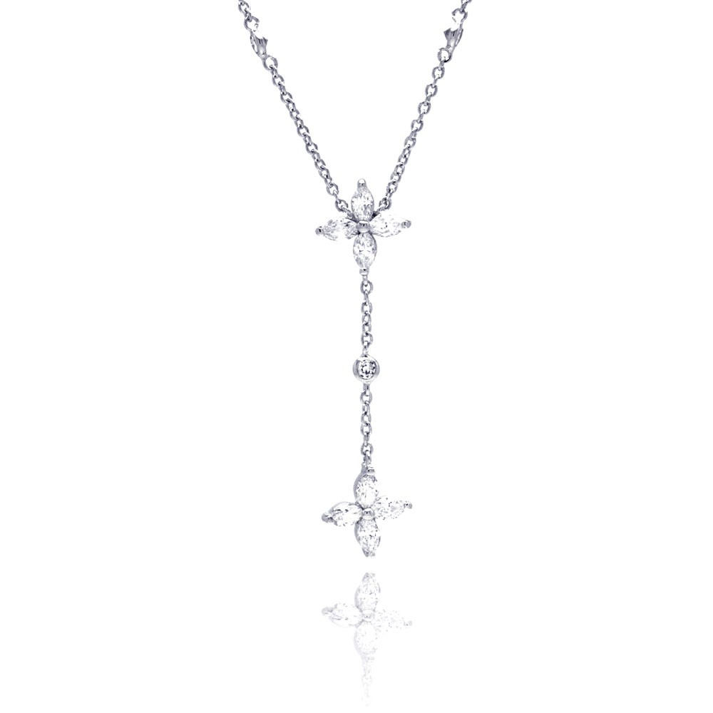 Sterling Silver Necklace with Dangling Marquise Clear Cz Flower Shaped Pendant