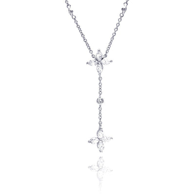 Sterling Silver Necklace with Dangling Marquise Clear Cz Flower Shaped Pendant