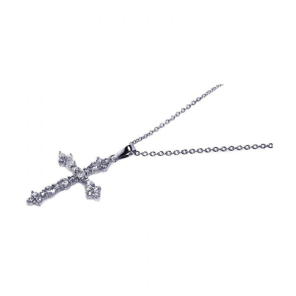Sterling Silver Rhodium Plated CZ Inlay Cross Pendant Necklace