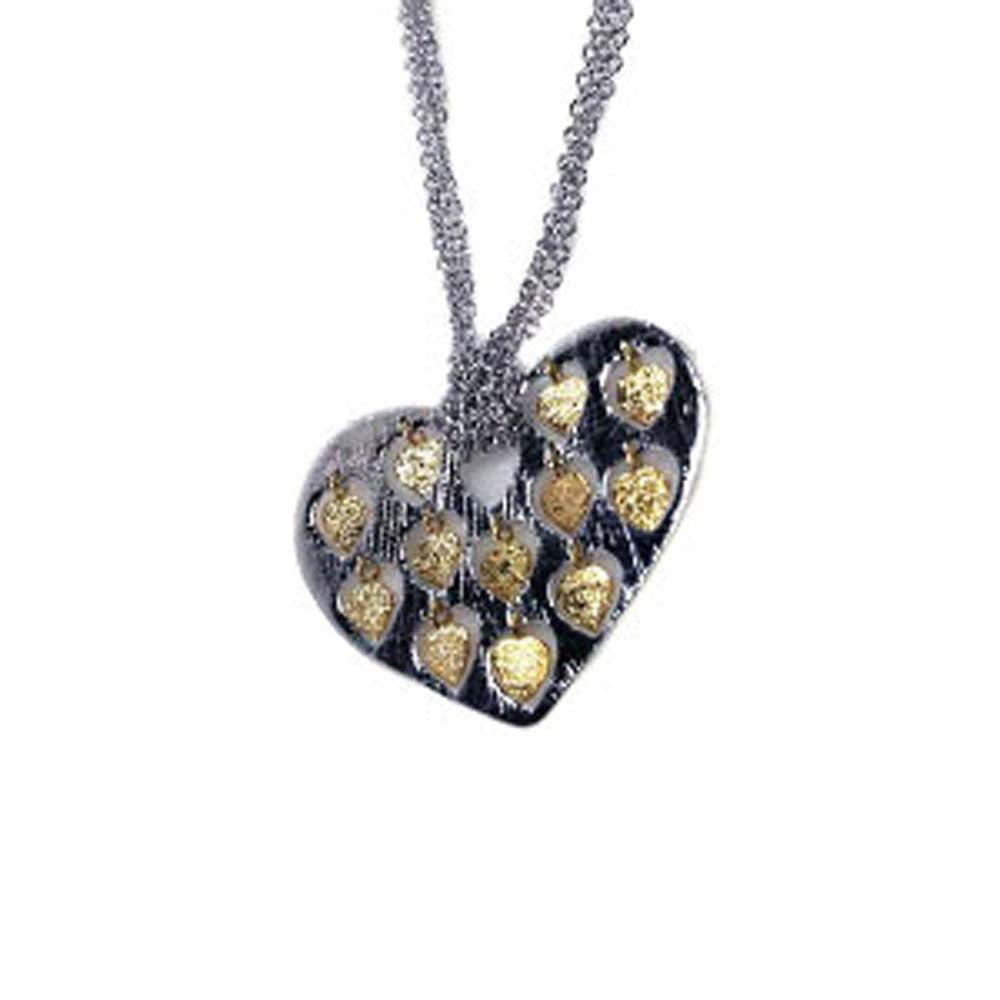 Sterling Silver Necklace Tied with Two-Toned Multi Heart Design Pendant