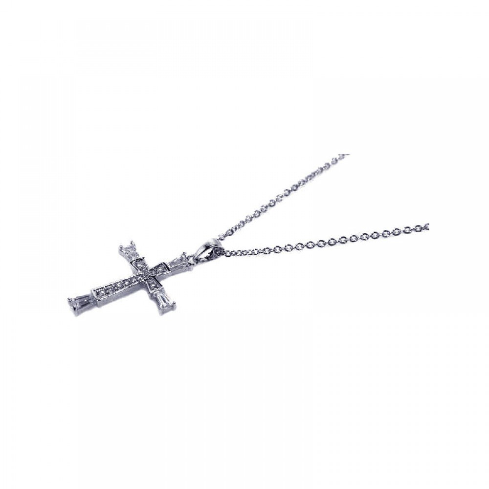 Sterling Silver Rhodium Plated CZ Inlay Cross Pendant Necklace