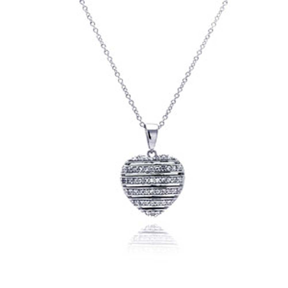 Sterling Silver Necklace with Small Heart Inlaid with Strip Clear Czs Design Pendant