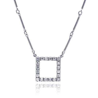 Sterling Silver Fancy Necklace with Paved Czs Open Square Pendant