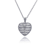 Sterling Silver Necklace with Large Heart Inlaid with Strip Clear Czs Design Pendant