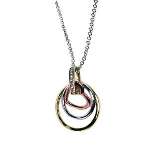 Sterling Silver Necklace with Three Toned Double Circle and Open Heart Pendant