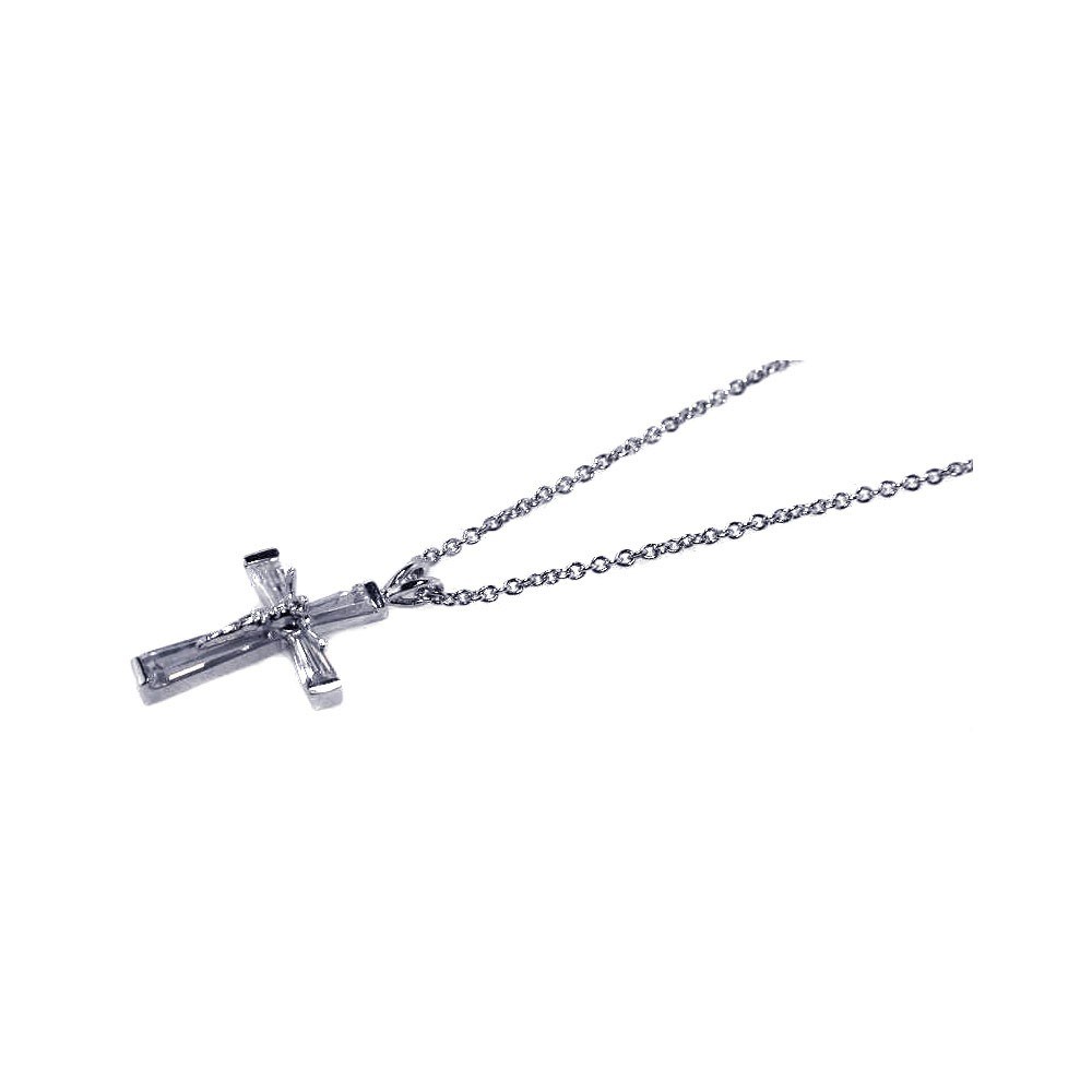 Sterling Silver Rhodium Plated CZ Cross Pendant Necklace