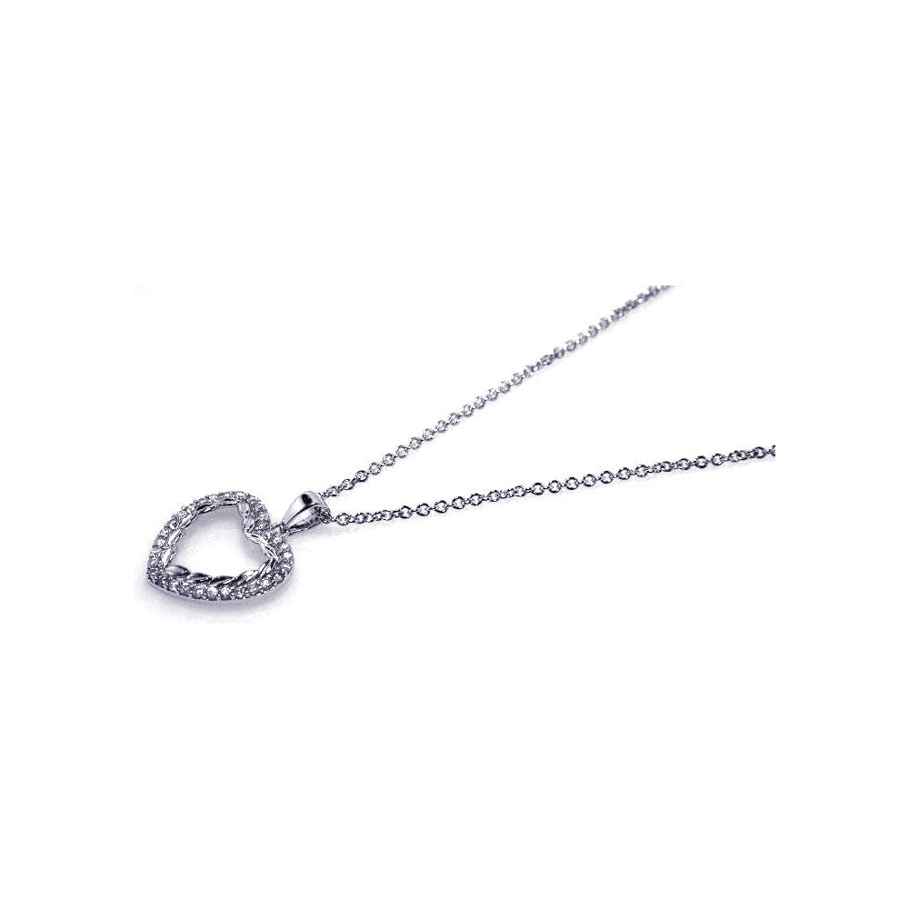 Sterling Silver Necklace with Fancy Paved Open Heart Pendant