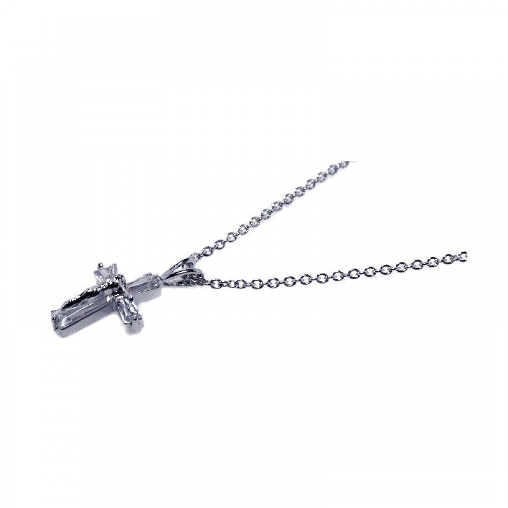 Sterling Silver Rhodium Plated CZ Cross Pendant Necklace