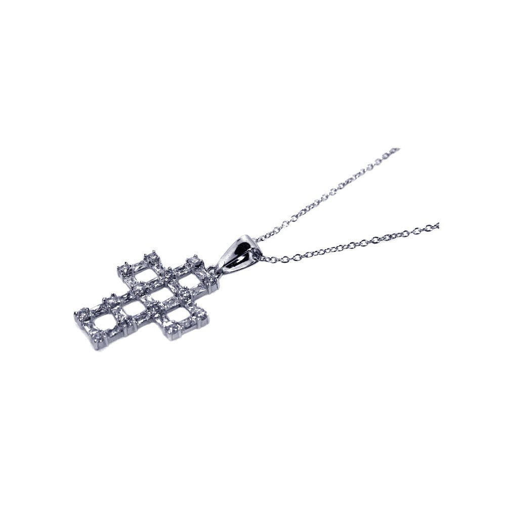 Sterling Silver Rhodium Plated CZ Open Cross Pendant Necklace