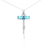 Sterling Silver Necklace with Classy Paved Cz Holding Blue Cz Bar and Hanging with Multi Strand Pendant