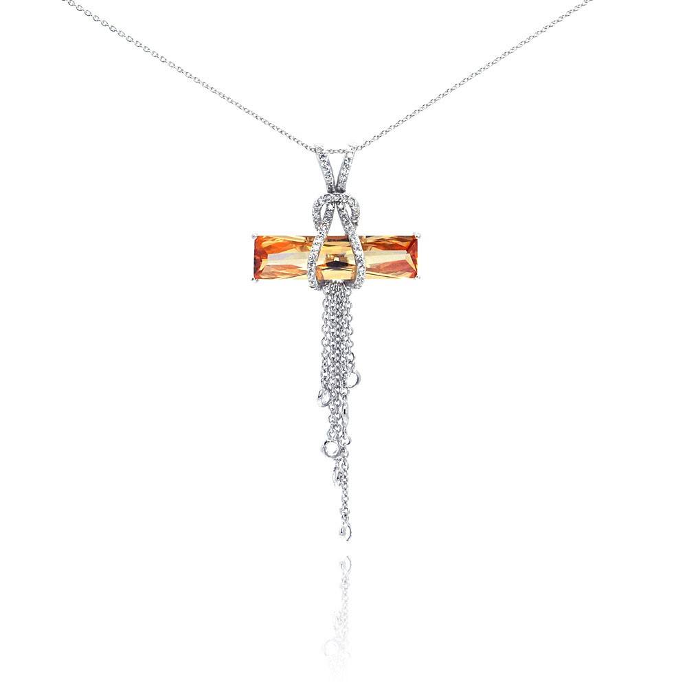 Sterling Silver Necklace with Classy Paved Cz Holding Champagne Cz Bar and Hanging with Multi Strand Pendant