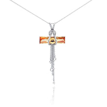 Load image into Gallery viewer, Sterling Silver Necklace with Classy Paved Cz Holding Champagne Cz Bar and Hanging with Multi Strand Pendant