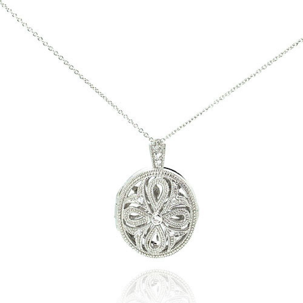 Sterling Silver Necklace with Cross Design Centered with Clear Cz Oval Locket Pendant