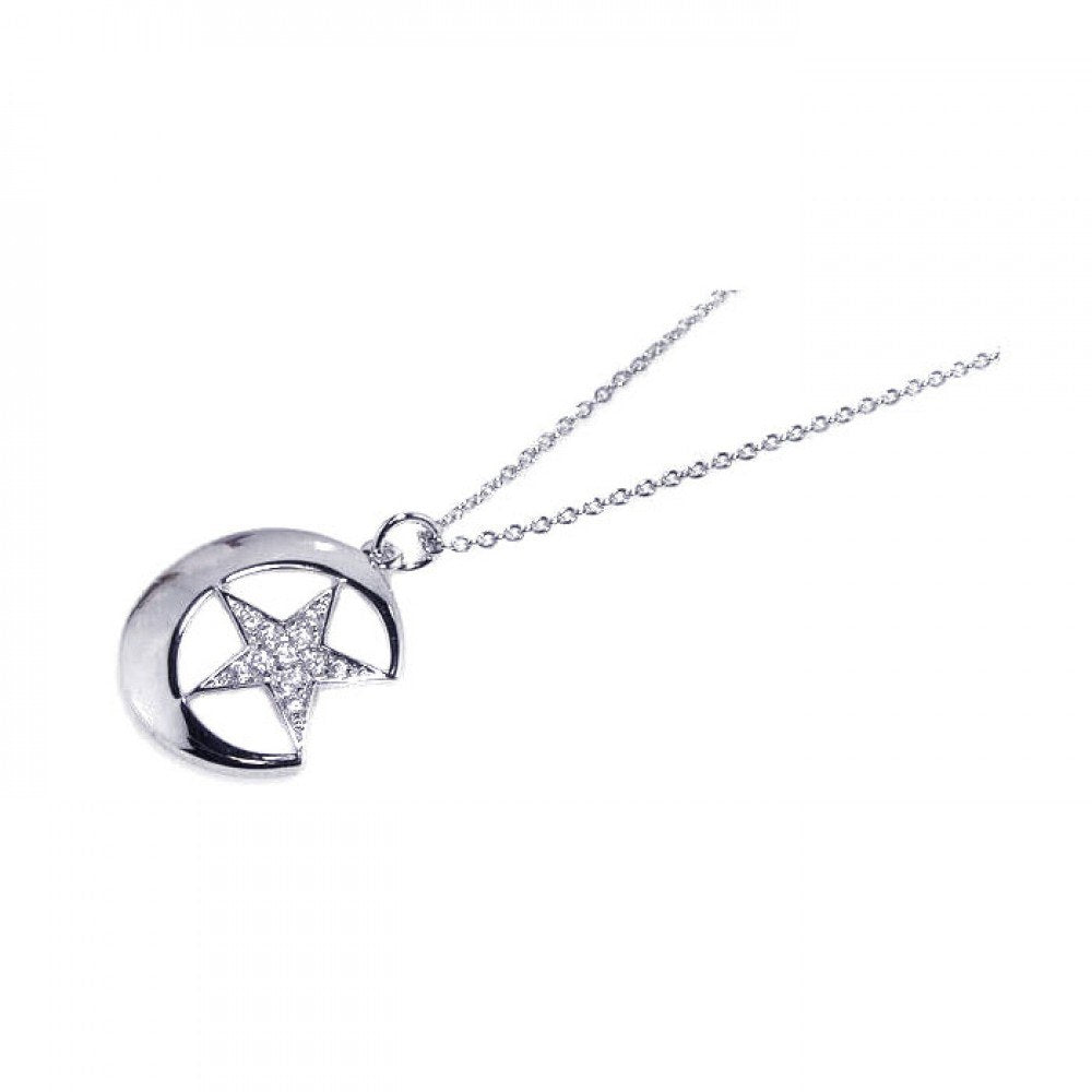 Sterling Silver Necklace with Medium Crescent Moon and Paved Star Pendant