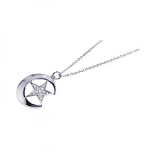 Load image into Gallery viewer, Sterling Silver Necklace with Medium Crescent Moon and Paved Star Pendant