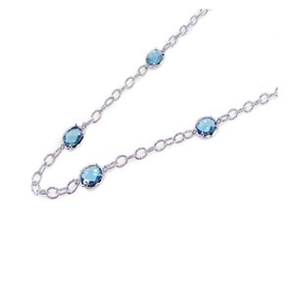 Sterling Silver Twisted Rope Oval Link Chain Necklace with Oval Cut Ocean Blue Cz Connectors