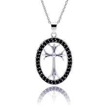 Load image into Gallery viewer, Sterling Silver Rhodium and Black Rhodium Plated Black CZ Oval Border Cross Pendant Necklace