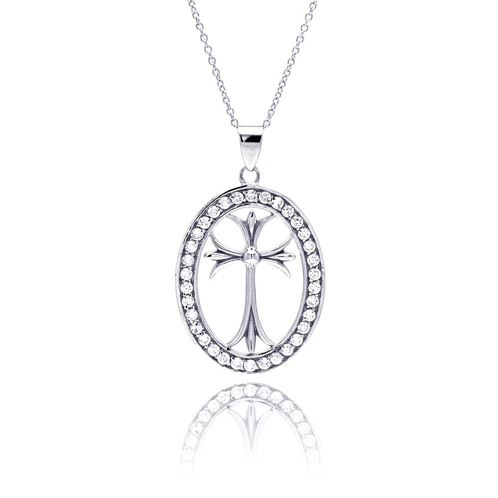 Sterling Silver Rhodium Plated Clear CZ Oval Border Cross Pendant Necklace