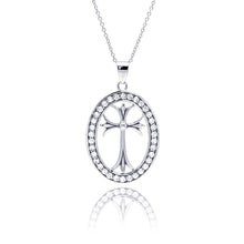 Load image into Gallery viewer, Sterling Silver Rhodium Plated Clear CZ Oval Border Cross Pendant Necklace