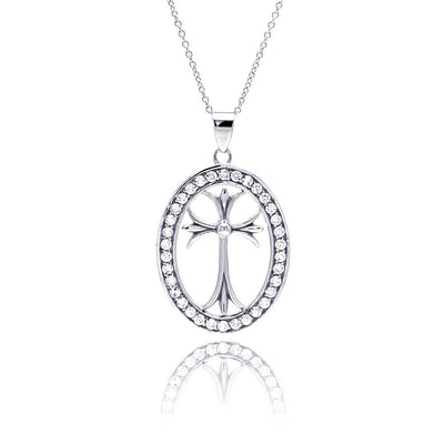 Sterling Silver Rhodium Plated Clear CZ Oval Border Cross Pendant Necklace