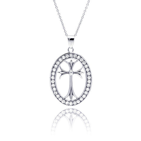 Sterling Silver Rhodium Plated Clear CZ Oval Border Cross Pendant Necklace