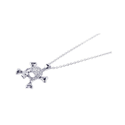 Sterling Silver Rhodium Plated Pave Set CZ Skull Crossbones Pendant Necklace