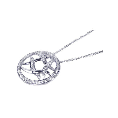 Sterling Silver Necklace with Round Abstract Design Inlaid with Clear Czs Pendant