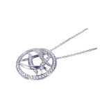 Sterling Silver Necklace with Round Abstract Design Inlaid with Clear Czs Pendant