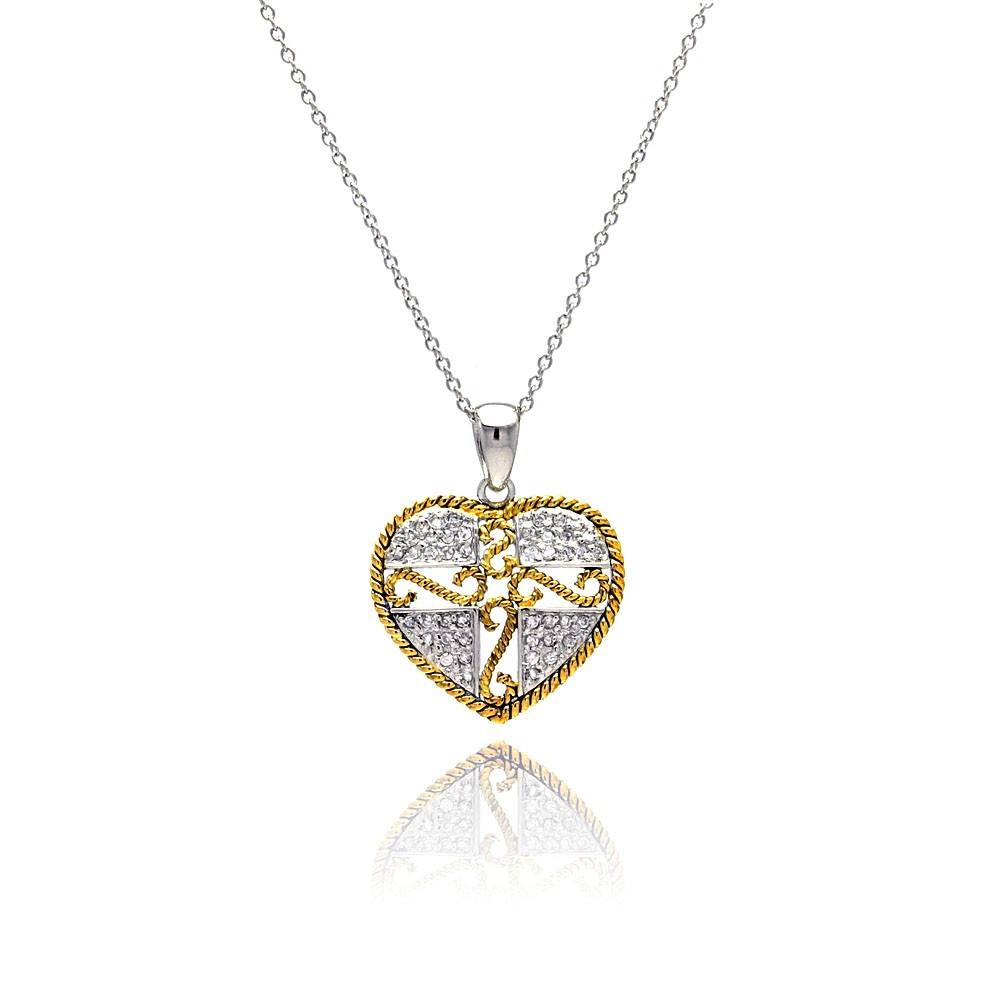 Sterling Silver Necklace with Fancy Two-Toned Heart Inlaid with Clear Czs Cross and Vine Design Pendant