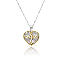 Load image into Gallery viewer, Sterling Silver Necklace with Fancy Two-Toned Heart Inlaid with Clear Czs Cross and Vine Design Pendant