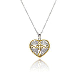 Sterling Silver Necklace with Fancy Two-Toned Heart Inlaid with Clear Czs Cross and Vine Design Pendant