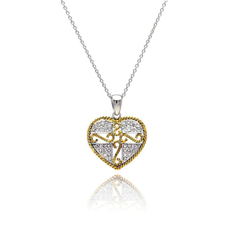 Sterling Silver Necklace with Fancy Two-Toned Heart Inlaid with Clear Czs Cross and Vine Design Pendant