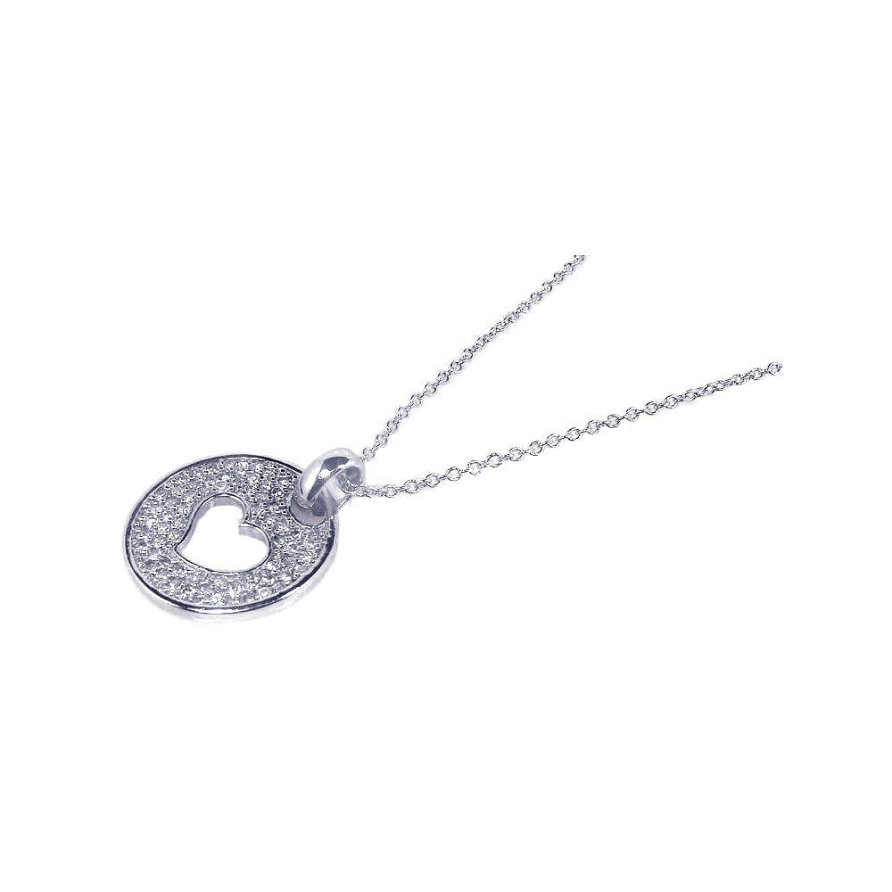 Sterling Silver Necklace with Round Plate Covered with Clear Czs and Heart Cut Design Pendant