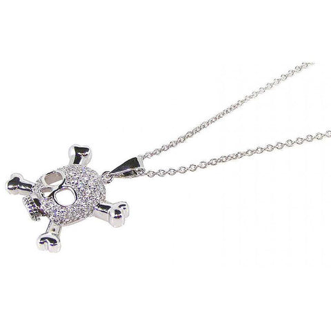 Sterling Silver Rhodium Plated Skull CZ Dangling Necklace