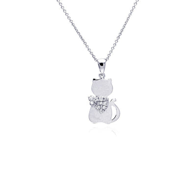 Sterling Silver Necklace with High Polished Cat and Heart Design Inlaid with Clear Czs Pendant
