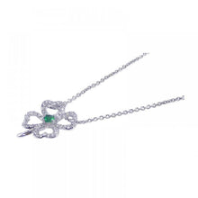 Load image into Gallery viewer, Sterling Silver Necklace with Paved Open Clover Flower with Centered Green Cz Pendant