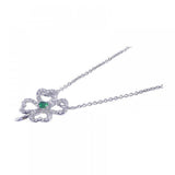 Sterling Silver Necklace with Paved Open Clover Flower with Centered Green Cz Pendant