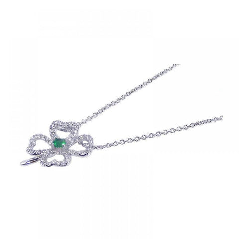 Sterling Silver Necklace with Paved Open Clover Flower with Centered Green Cz Pendant