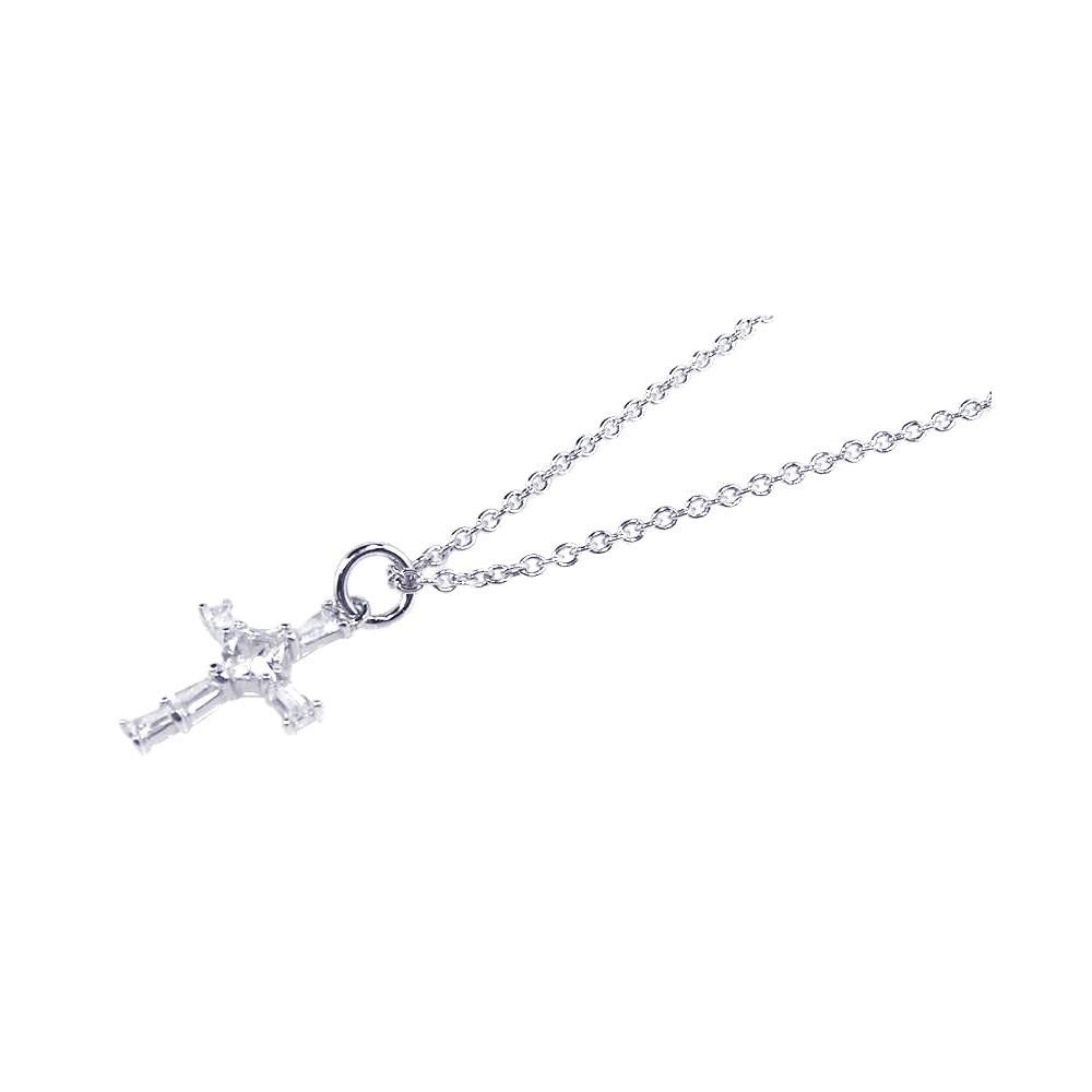 Sterling Silver Rhodium Plated Cross Baguette and Square CZ Dangling Ring Necklace