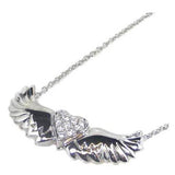 High Polished Sterling Silver Rhodium Plated Wing and Heart Necklace with Clear CZ Stones